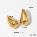 Detailed dimensions of gold water drop earrings showing 39mm height and 19.8mm width - Large Smooth Teardrop (KDE1931)
