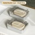 Set of 2 minimalist grey and white sealed soap boxes with transparent lids for travel - Double Layer Sealed / Simple Grey