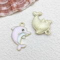 Pink and white enamel dolphin pendant with gold metal frame for DIY jewelry making - 1pc Dolphin 17x24mm-1.2g