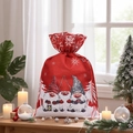 Christmas burlap drawstring gift bag with Nordic gnomes print for holiday candy storage - Red Three Gnomes