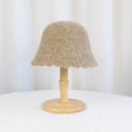 Light camel knit bucket hat with soft plush texture and wavy brim on a stand - Crochet Hollow Wavy Brim (8980) / Khaki