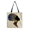Detail of reusable canvas tote bag with ethnic African woman silhouette art print - Afro Lady Portrait-Geometric Turban