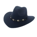 Classic dark blue felt cowboy hat with wide brim and vintage silver buckle leather band - M(56-58cm) / Blue Purple (Silver Concho Band)