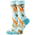 Detail of light blue crew socks with orange giraffe and green leaf patterns on white background - Size 35-42 / Blue Giraffe