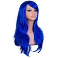 Vibrant blue long wavy cosplay wig with airy bangs on mannequin head, 70cm length - Royal Blue