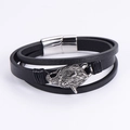 Men's multilayer black leather bracelet featuring a silver wolf head charm - Wolf Head