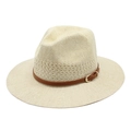 French style breathable beige woven straw hat with brown leather band and gold buckle - M (56-58cm) / Beige
