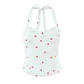 Slim fit white halter top with red heart prints and delicate lace trim accents - S / Red Heart