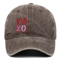 Detail of XOXO heart embroidery on vintage washed cotton baseball cap in charcoal gray - Coffee
