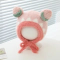 Detail of pink strawberry plush winter hat with soft faux fur and ear flaps for kids - Approx. 2-5 Years Old / Pink-Strawberry