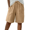 Women's khaki cotton linen drawstring shorts with elastic waist and large front pockets - S / Khaki