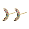 Detailed close-up of crescent moon earrings with colorful zircon stones in gold setting - Gold Colorful Zircon Moon