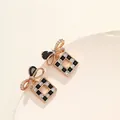Rose gold bow stud earrings with black teardrop stone and geometric square charm - Bowknot Square Frame Black & White (No. 79) / Rose Gold
