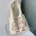Cream canvas tote bag with cute cat and dog cartoon illustration and sturdy handle - Okay Nope Cat Dog