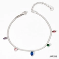 Silver stainless steel snake chain anklet with colorful marquise and round gemstones - Silver With Colorful Zirconia (JAP358)