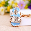 Blue slipper keychain with white floral patterns and sparkling crystal rhinestones - Blue Mini Slippers