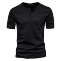 Detail of a black cotton Henley shirt featuring a classic three-button neckline and slim fit - 3XL / Black