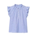 Detailed view of ruffled collar and sleeveless armholes on light blue striped linen shirt - XS / Blue Stripe