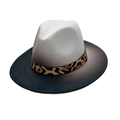 Fashionable gradient felt fedora hat with leopard print band and metal buckle - White Black Gradient