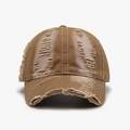 Distressed dark khaki satin baseball cap with vintage frayed holes and curved brim - One Size(Adjustable) / Camel