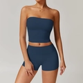 Ensemble de yoga bleu marine 2 pièces avec crop top et short de sport taille haute - Gilet 8793 + Short 8519 Insigne Bleu / S