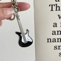 Retro electric guitar star keychain with black and white enamel finish and silver chain - Black Guitar Keychain [Style 2]