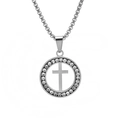 Zilveren kruisketting met hol design, zirkonia steentjes en ronde stalen hanger - Met Ketting / Zilver