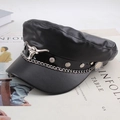 Black PU leather newsboy hat with silver chain and bull head badge accessory - One Size 58cm / Black Bull Head Chain Style