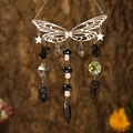 Silver hollow butterfly suncatcher with black mushrooms and faceted crystal pendants - Silver Wings + Obsidian