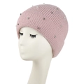 Bonnet en maille rose pour femme avec doublure polaire et ornements en strass brillants - L (58-60cm) / Rose