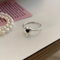 Elegant silver open ring with black heart enamel drop on white background with pearls - Adjustable Open / Silver and Black Heart Style (J3092)