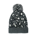 Detailed close-up of leopard print knit hat with soft texture and large fluffy pom-pom - M (56-58cm) / Gray