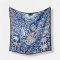 Retro hand-painted floral silk scarf in blue with botanical patterns and brown borders - 53cm / Dark Blue