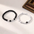 Couples magnetic bracelets set with matte black beads and white turquoise forever charms - Matte Black & White Stone - Forever Lettering