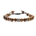 Detail of adjustable woven bracelet with brown agate beads and silver metal spacers - Picture Jasper