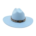 Light blue western cowboy felt hat featuring brown leather band and bull head badge - Light Blue