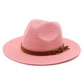 Detailed texture of pink straw sun hat with brown decorative band and gold metal ring - M (56-58cm) / Dusky Pink
