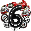 Raceauto feestballonset met nummer 6, banden, helmen en geruite ontwerpen - Raceauto set nummer 6