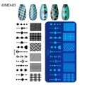 Rectangle nail art stamping plate OMD-05 with blue heart and star pattern designs - OM-D05 Heart Star Geometric (OM-D05)