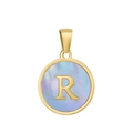 Pendentif en acier titane doré avec la lettre R et incrustation de nacre irisante - R-Coquille Bleue
