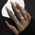 Set di 7 anelli gotici in argento con design a serpente e farfalla, stile punk vintage - Gotico Punk Set Anelli Rana Fungo 7 Pezzi / Argento Antico
