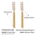 Detail view of 18K gold plated stainless steel tassel earrings with size dimensions - Gold White Rectangle Zircon Tassel Style (YYE025351-WE)
