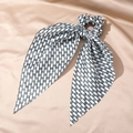 Detail of silk hair scrunchie with blue evil eye pattern and black stripes on champagne silk - 6# White Base Black Stripe Eye