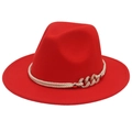 Classic red felt Fedora hat with white cord and gold chain accent on white background - M(56-58cm) / Red (Three-loop Rope)