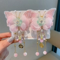 Pink and green butterfly ancient style hair clips with embroidery and long tassels - Butterfly Yarn Pink Clips