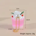 Pink miniature simulation ice cream sundae keychain with white cream and floral charm - Pink Bead Chain Style