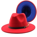 Zweifarbiger Wollhut in Rot und Blau mit stilvoller Goldkette und schwarzem Lederband - M (56-58cm) / Rot+Königsblau