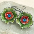 Bohemian floral earrings with blue rhinestones and green enamel on a natural stone background - S506 Enamel Flower Rhinestone