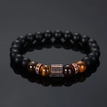 Beaded bracelet with matte black beads, brown tiger eye stones, and rose gold accents - Rose Gold Pave Matte Black Beads