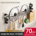 70cm punch-free kitchen suction cup wall rack with 14 hooks for cookware storage - Single Bar 70cm/14 Hooks/Gun Grey